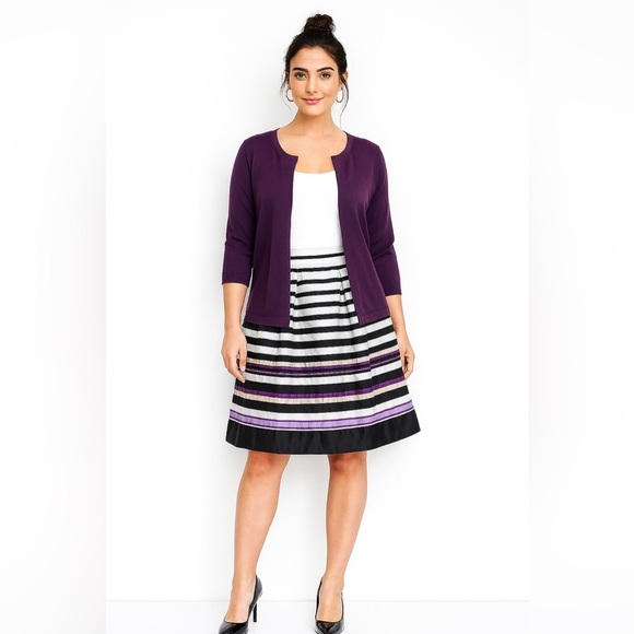 White House Black Market Striped A-Line Skirt Size 2 Purple Black White Cotton - Picture 2 of 4